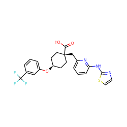 O=C(O)[C@]1(Cc2cccc(Nc3nccs3)n2)CC[C@@H](Oc2cccc(C(F)(F)F)c2)CC1 ZINC001772607029