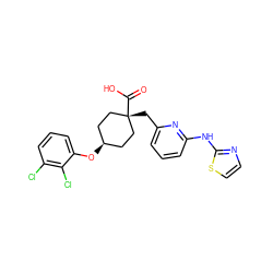 O=C(O)[C@]1(Cc2cccc(Nc3nccs3)n2)CC[C@@H](Oc2cccc(Cl)c2Cl)CC1 ZINC001772624422