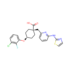 O=C(O)[C@]1(Cc2cccc(Nc3nccs3)n2)CC[C@@H](Oc2cccc(Cl)c2F)CC1 ZINC000252670601