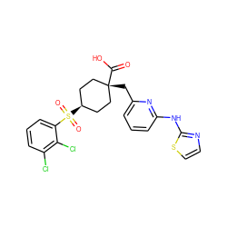 O=C(O)[C@]1(Cc2cccc(Nc3nccs3)n2)CC[C@@H](S(=O)(=O)c2cccc(Cl)c2Cl)CC1 ZINC001772574610