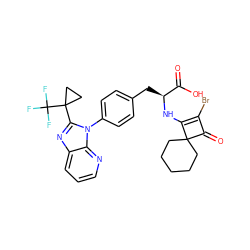 O=C(O)[C@H](Cc1ccc(-n2c(C3(C(F)(F)F)CC3)nc3cccnc32)cc1)NC1=C(Br)C(=O)C12CCCCC2 ZINC000100077500