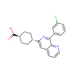 O=C(O)[C@H]1CC[C@H](c2cc3cccnc3c(-c3cccc(Cl)c3)n2)CC1 ZINC000474603504