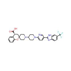 O=C(O)[C@H]1CC2(CCN(C3CCN(c4ccc(-c5nc6ccc(C(F)(F)F)cc6[nH]5)cn4)CC3)CC2)Oc2ccccc21 ZINC001772606767