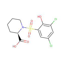 O=C(O)[C@H]1CCCCN1S(=O)(=O)c1cc(Cl)cc(Cl)c1O ZINC000013687307