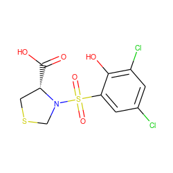 O=C(O)[C@H]1CSCN1S(=O)(=O)c1cc(Cl)cc(Cl)c1O ZINC000013687309