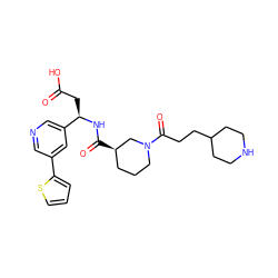 O=C(O)C[C@@H](NC(=O)[C@@H]1CCCN(C(=O)CCC2CCNCC2)C1)c1cncc(-c2cccs2)c1 ZINC000013803222