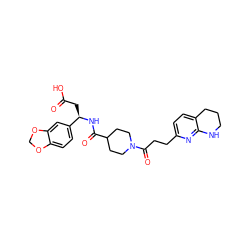 O=C(O)C[C@@H](NC(=O)C1CCN(C(=O)CCc2ccc3c(n2)NCCC3)CC1)c1ccc2c(c1)OCO2 ZINC000028379862