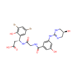 O=C(O)C[C@@H](NC(=O)CNC(=O)c1cc(O)cc(NC2=NC[C@H](O)CN2)c1)c1cc(Br)cc(Br)c1O ZINC000058510281