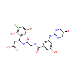 O=C(O)C[C@@H](NC(=O)CNC(=O)c1cc(O)cc(NC2=NC[C@H](O)CN2)c1)c1cc(Br)cc(Cl)c1O ZINC000053014363