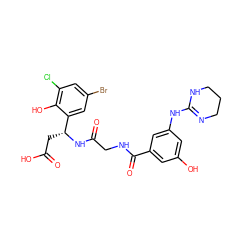 O=C(O)C[C@@H](NC(=O)CNC(=O)c1cc(O)cc(NC2=NCCCN2)c1)c1cc(Br)cc(Cl)c1O ZINC000096318548