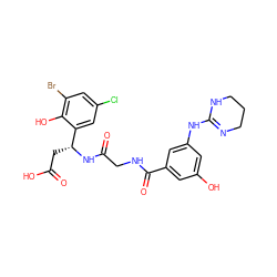 O=C(O)C[C@@H](NC(=O)CNC(=O)c1cc(O)cc(NC2=NCCCN2)c1)c1cc(Cl)cc(Br)c1O ZINC000028714194