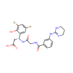 O=C(O)C[C@@H](NC(=O)CNC(=O)c1cccc(NC2=NCCCN2)c1)c1cc(Br)cc(Br)c1O ZINC000096318550