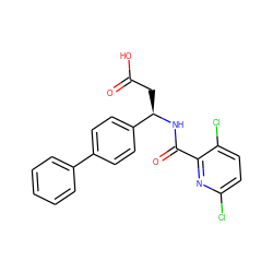 O=C(O)C[C@@H](NC(=O)c1nc(Cl)ccc1Cl)c1ccc(-c2ccccc2)cc1 ZINC000223560705