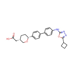 O=C(O)C[C@@H]1CC[C@H](c2ccc(-c3ccc(Nc4nnc(C5CCC5)o4)cc3)cc2)OC1 ZINC000144007387