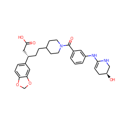 O=C(O)C[C@H](CCC1CCN(C(=O)c2cccc(NC3=CC[C@H](O)CN3)c2)CC1)c1ccc2c(c1)OCO2 ZINC000100057663