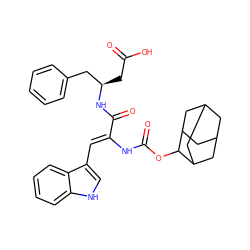 O=C(O)C[C@H](Cc1ccccc1)NC(=O)/C(=C/c1c[nH]c2ccccc12)NC(=O)OC1C2CC3CC(C2)CC1C3 ZINC000001536326