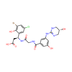 O=C(O)C[C@H](NC(=O)CNC(=O)c1cc(O)cc(NC2=NC[C@@H](O)CN2)c1)c1cc(Cl)cc(Br)c1O ZINC000003941808