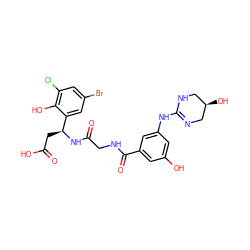 O=C(O)C[C@H](NC(=O)CNC(=O)c1cc(O)cc(NC2=NC[C@H](O)CN2)c1)c1cc(Br)cc(Cl)c1O ZINC000089780957