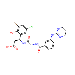 O=C(O)C[C@H](NC(=O)CNC(=O)c1cccc(NC2=NCCCN2)c1)c1cc(Cl)cc(Br)c1O ZINC000089780958