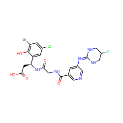 O=C(O)C[C@H](NC(=O)CNC(=O)c1cncc(N=C2NCC(F)CN2)c1)c1cc(Cl)cc(Br)c1O ZINC000028714239