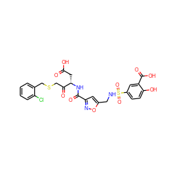 O=C(O)C[C@H](NC(=O)c1cc(CNS(=O)(=O)c2ccc(O)c(C(=O)O)c2)on1)C(=O)CSCc1ccccc1Cl ZINC000014942806