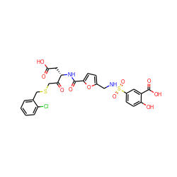 O=C(O)C[C@H](NC(=O)c1ccc(CNS(=O)(=O)c2ccc(O)c(C(=O)O)c2)o1)C(=O)CSCc1ccccc1Cl ZINC000014942815