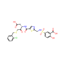 O=C(O)C[C@H](NC(=O)c1cnc(CNS(=O)(=O)c2ccc(O)c(C(=O)O)c2)s1)C(=O)CSCc1ccccc1Cl ZINC000027555410