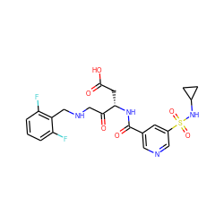 O=C(O)C[C@H](NC(=O)c1cncc(S(=O)(=O)NC2CC2)c1)C(=O)CNCc1c(F)cccc1F ZINC000013533761