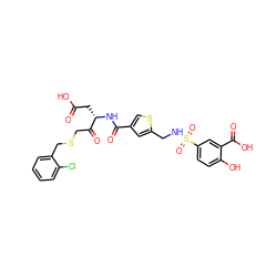 O=C(O)C[C@H](NC(=O)c1csc(CNS(=O)(=O)c2ccc(O)c(C(=O)O)c2)c1)C(=O)CSCc1ccccc1Cl ZINC000027554430