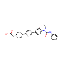 O=C(O)C[C@H]1CC[C@@H](c2ccc(-c3ccc4c(c3)OCCN4C(=O)Nc3ccccc3)cc2)CC1 ZINC000142033062