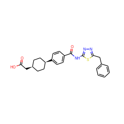 O=C(O)C[C@H]1CC[C@@H](c2ccc(C(=O)Nc3nnc(Cc4ccccc4)s3)cc2)CC1 ZINC000101501583