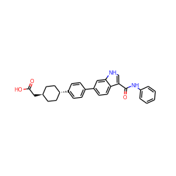 O=C(O)C[C@H]1CC[C@H](c2ccc(-c3ccc4c(C(=O)Nc5ccccc5)c[nH]c4c3)cc2)CC1 ZINC000261180920