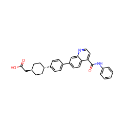 O=C(O)C[C@H]1CC[C@H](c2ccc(-c3ccc4c(C(=O)Nc5ccccc5)ccnc4c3)cc2)CC1 ZINC000261162434