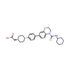 O=C(O)C[C@H]1CC[C@H](c2ccc(-c3ccc4c(c3)OCCN4C(=O)NC3CCCCC3)cc2)CC1 ZINC000261110771