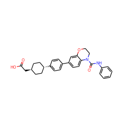 O=C(O)C[C@H]1CC[C@H](c2ccc(-c3ccc4c(c3)OCCN4C(=O)Nc3ccccc3)cc2)CC1 ZINC000113761683