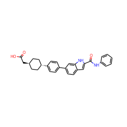 O=C(O)C[C@H]1CC[C@H](c2ccc(-c3ccc4cc(C(=O)Nc5ccccc5)[nH]c4c3)cc2)CC1 ZINC000261119108