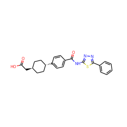 O=C(O)C[C@H]1CC[C@H](c2ccc(C(=O)Nc3nnc(-c4ccccc4)s3)cc2)CC1 ZINC000261110723