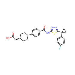 O=C(O)C[C@H]1CC[C@H](c2ccc(C(=O)Nc3nnc(C4(c5ccc(F)cc5)CC4)s3)cc2)CC1 ZINC000261189276