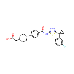 O=C(O)C[C@H]1CC[C@H](c2ccc(C(=O)Nc3nnc(C4(c5cccc(F)c5)CC4)s3)cc2)CC1 ZINC000261168697