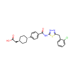 O=C(O)C[C@H]1CC[C@H](c2ccc(C(=O)Nc3nnc(Cc4ccccc4Cl)s3)cc2)CC1 ZINC000261119708