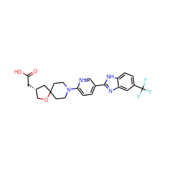 O=C(O)C[C@H]1COC2(CCN(c3ccc(-c4nc5cc(C(F)(F)F)ccc5[nH]4)cn3)CC2)C1 ZINC000169195267