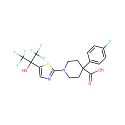 O=C(O)C1(c2ccc(F)cc2)CCN(c2ncc(C(O)(C(F)(F)F)C(F)(F)F)s2)CC1 ZINC000064539637