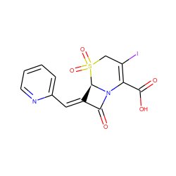 O=C(O)C1=C(I)CS(=O)(=O)[C@@H]2/C(=C\c3ccccn3)C(=O)N12 ZINC000013442993