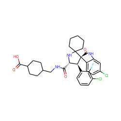 O=C(O)C1CCC(CNC(=O)[C@@H]2NC3(CCCCC3)[C@@]3(C(=O)Nc4cc(Cl)ccc43)[C@H]2c2cccc(Cl)c2F)CC1 ZINC000169700256