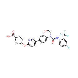 O=C(O)C1CCC(Oc2ccc(-c3ccc4c(c3)OCCN4C(=O)Nc3ccc(F)cc3C(F)(F)F)cn2)CC1 ZINC000139478407