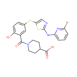 O=C(O)C1CCN(C(=O)c2cc(Sc3cnc(Nc4cccc(Br)n4)s3)ccc2O)CC1 ZINC000036184882