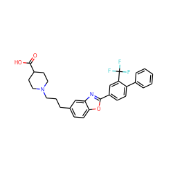 O=C(O)C1CCN(CCCc2ccc3oc(-c4ccc(-c5ccccc5)c(C(F)(F)F)c4)nc3c2)CC1 ZINC000084758917