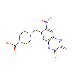 O=C(O)C1CCN(Cc2cc3[nH]c(=O)c(=O)[nH]c3cc2[N+](=O)[O-])CC1 ZINC000027747262