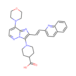 O=C(O)C1CCN(c2c(/C=C/c3ccc4ccccc4n3)nc3c(N4CCOCC4)ccnn23)CC1 ZINC001772585572