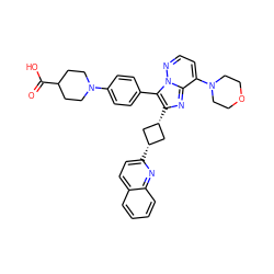 O=C(O)C1CCN(c2ccc(-c3c([C@H]4C[C@@H](c5ccc6ccccc6n5)C4)nc4c(N5CCOCC5)ccnn34)cc2)CC1 ZINC001772642771